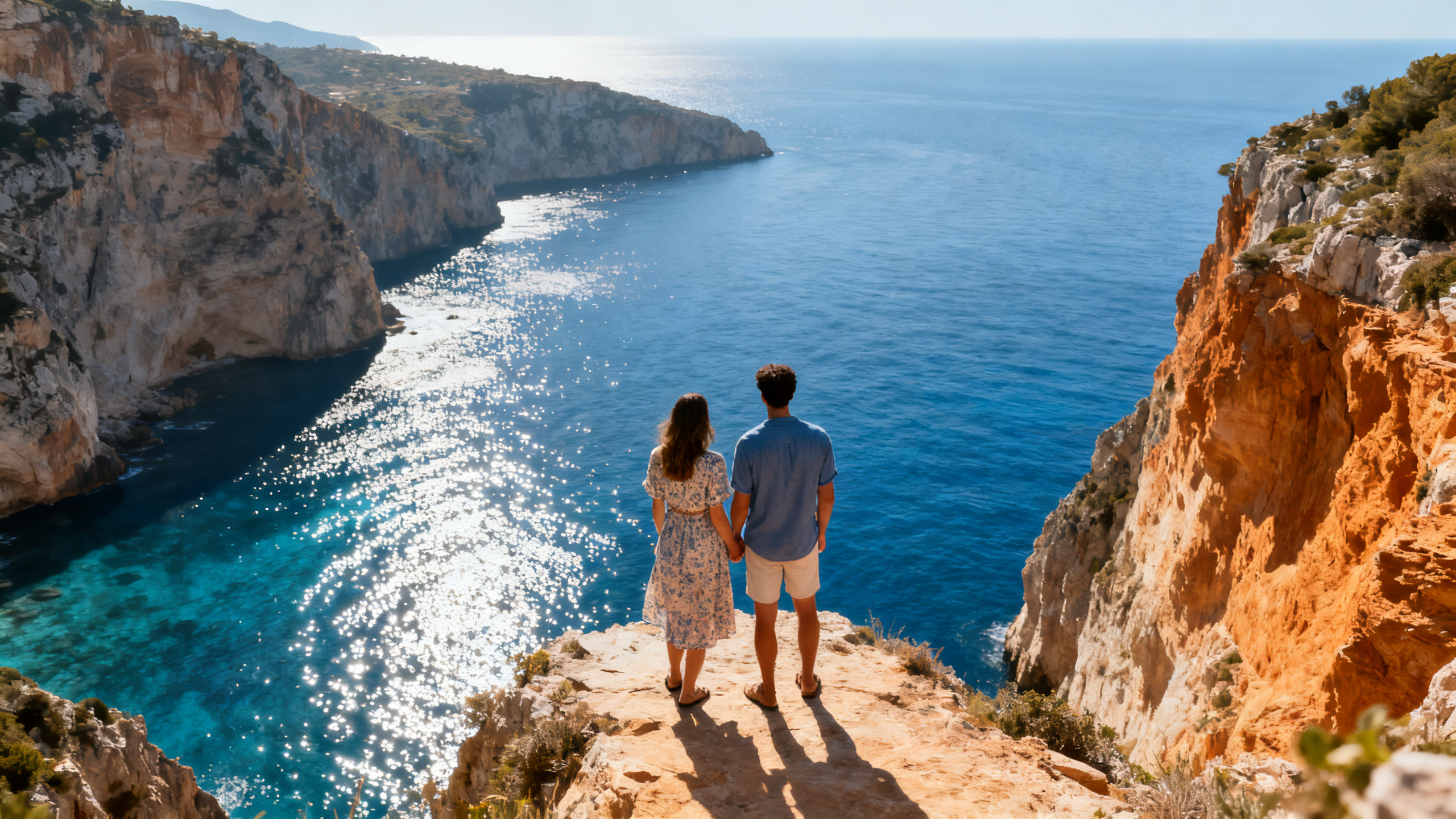 Travelers overlooking a dramatic seaside landscape